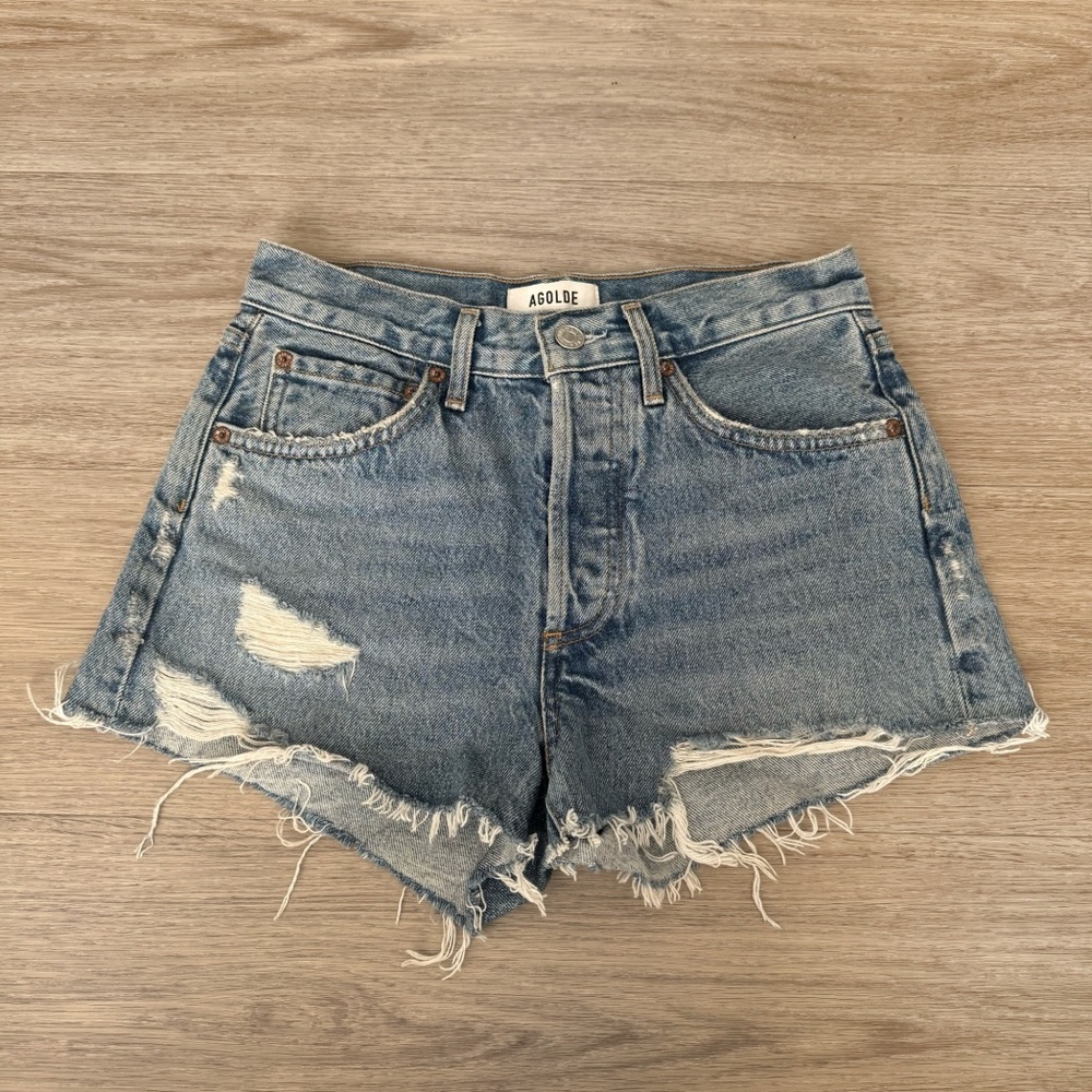 agolde medium blue high waisted rise distressed ripped denim jeans shorts bottom